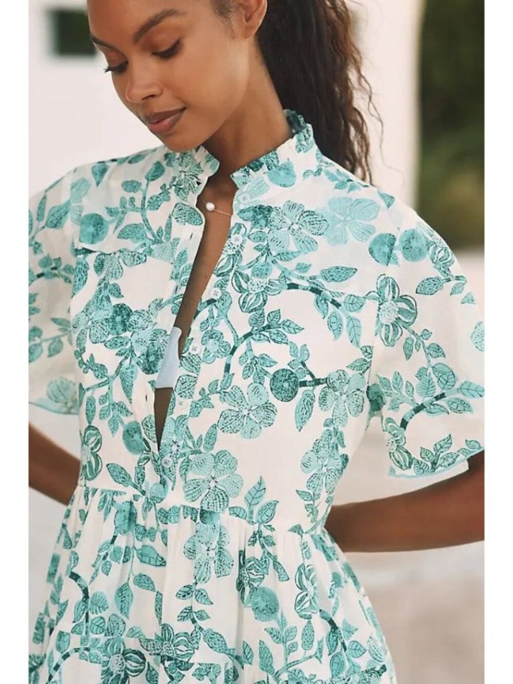 RO'S GARDEN Vibeka Pleated Mini Dress Shirt Sleeves Women's Size M Turquoise - Picture 3 of 3